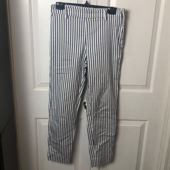 H&M Womens Pinstriped Mid Rise Straight Leg Trouser Pants Navy Blue White Size 8 - Picture 1 of 6